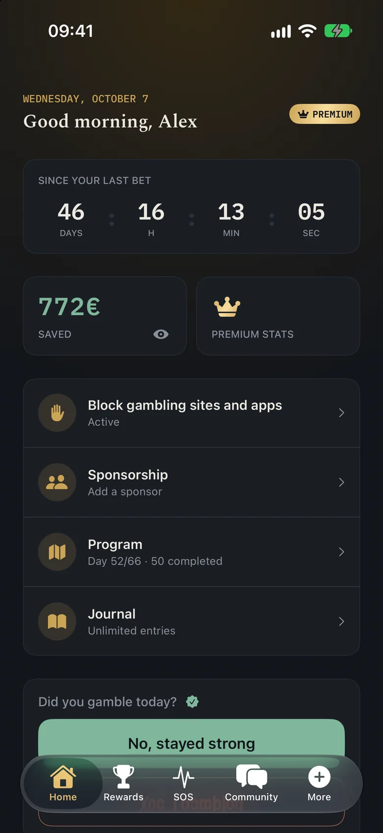 FoldShift home screen: 46 days since the last bet, €772 saved, program at day 52 of 66.