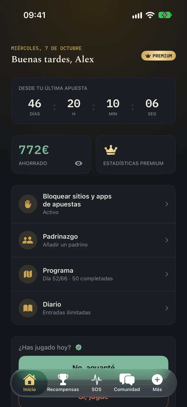 Pantalla de inicio de FoldShift: 46 días desde la última apuesta, 772 € ahorrados, programa en el día 52 de 66.